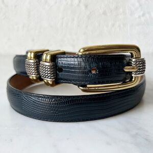 Brighton Navy Blue Embossed Croc Leather Belt Gold/Silver Buckle - Women's ML 32